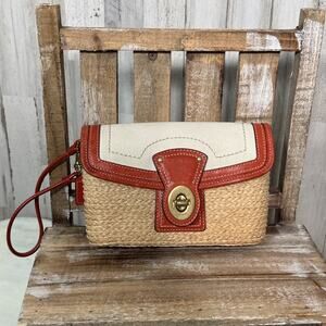 Coach Straw Leather Burnt Red Clutch Wristlet With Turnlock